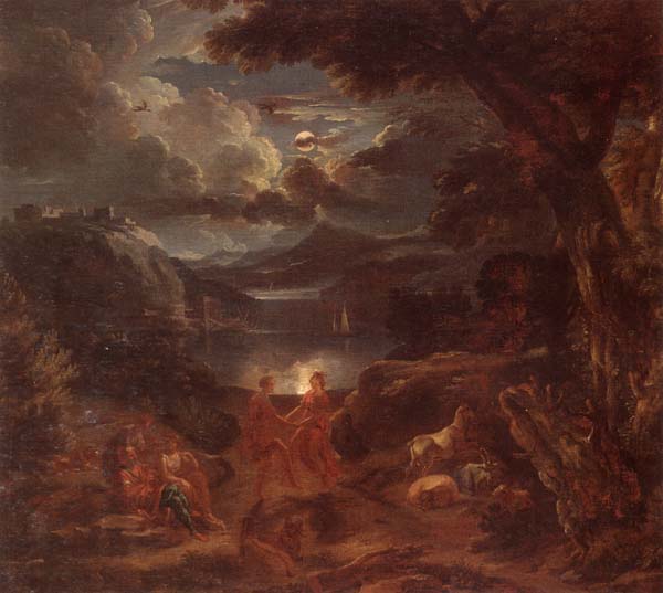 unknow artist A pastoral scene with shepherds and nymphs dancing in the moonlight by the edge of a lake